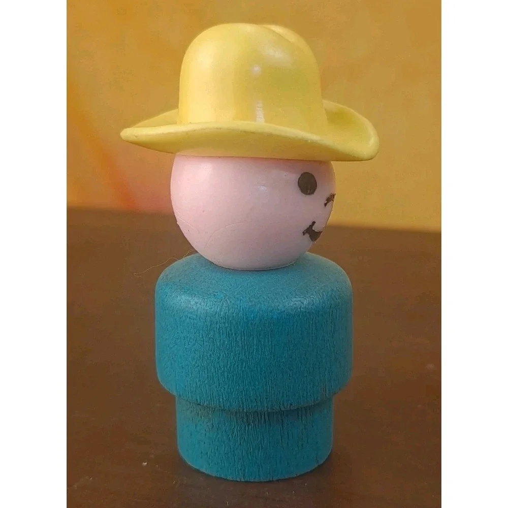 Fisher Price‎ Little People 1972 Farmer Boy  Blue Wood Body Yellow Cowboy Hat